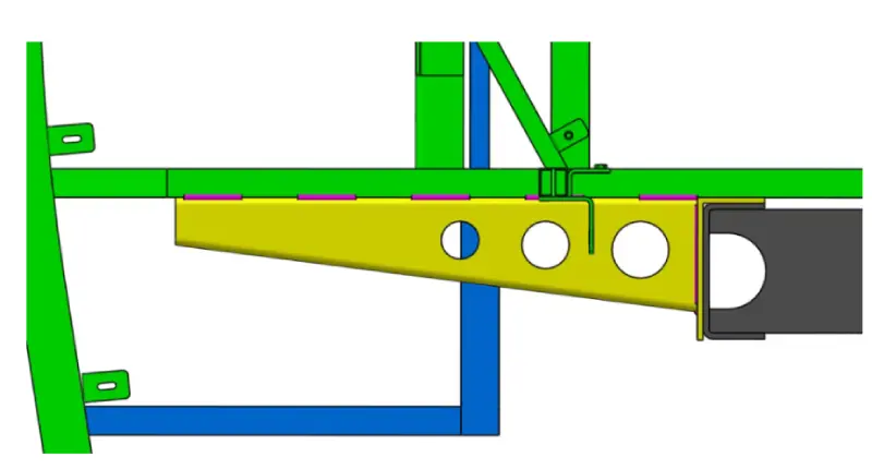 Interface plates welded to the frame rails in an outrigger configuration (welds shown in purple)