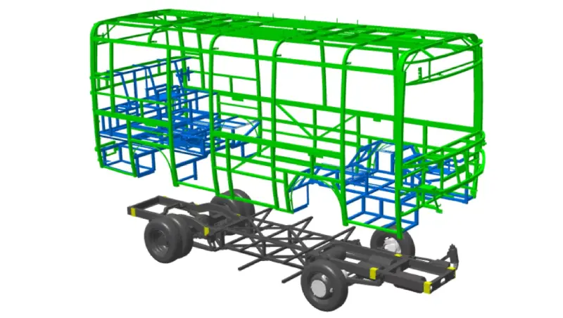 the bus superstructure is lowered from above and mated onto the chassis.